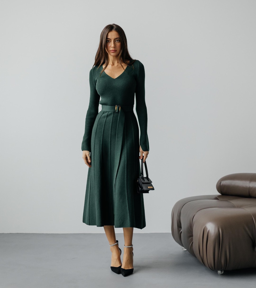 green knit dress 2021 Dark Green Knitted Long Sleeve Midi Dress main image 1