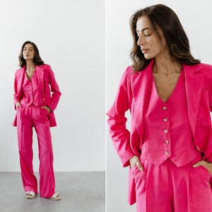Hot Pink  Linen 3-piece matching suit with straight Jacket, Vest and Palazzo Pants. Women&#39;s suit with vest and blazer. Linen pants suit.