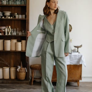 Sage Green Linen 3-piece matching suit straight Jacket,Vest and Palazzo Pants Wedding guest pantsuit.Women's pantsuit. Sage Greenq suit