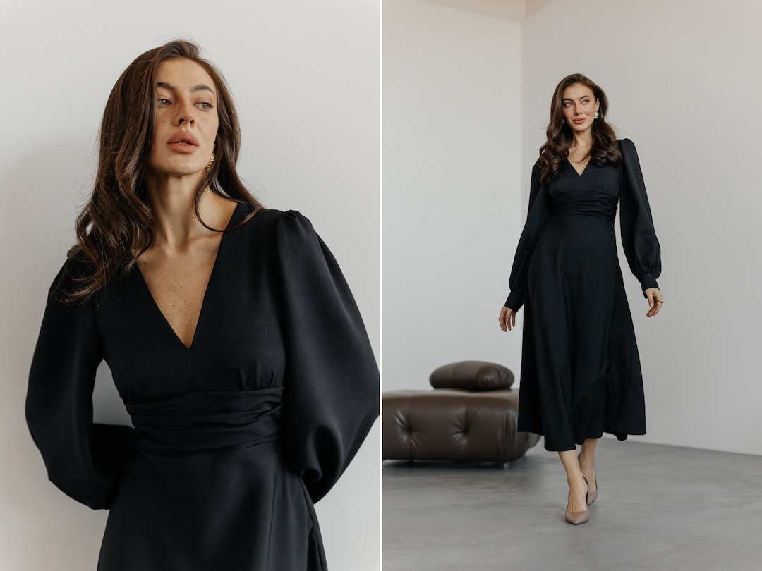 Vestido clásico negro con escote en pico y falda de círculo