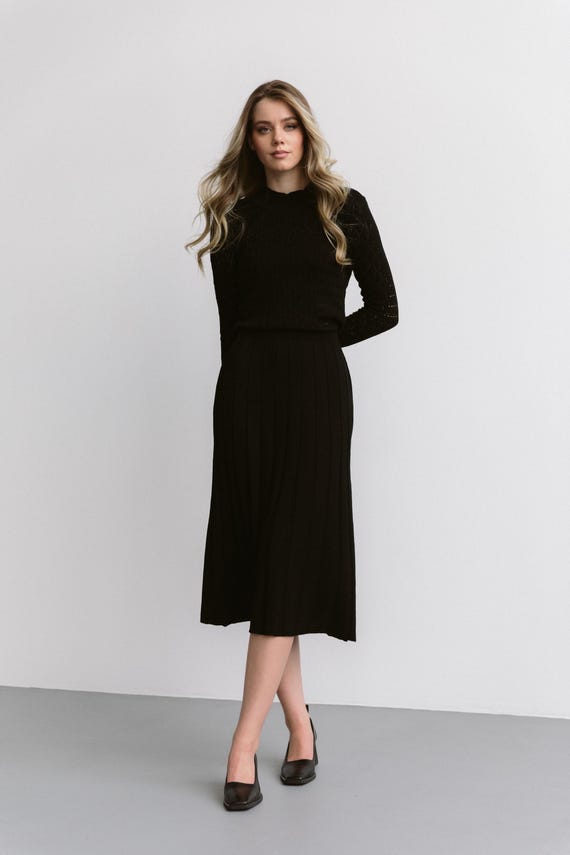 Beige Knit Sweater Dress: Cotton Blend Midi Dress with Pleated Skirt