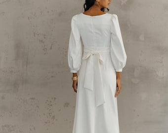 Simple wedding dress. Bridal Gown. Elopement Dress. White Dress with Bow. Custom Dress.Wedding white dress with puff short sleeves.