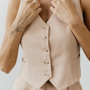 Beige Linen 3-piece matching suit with straight Jacket, Vest and Palazzo Pants. Summer formal pants suit. Women's suit with vest and blazer. image 7