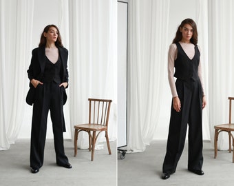 Black classic 3-piece matching suit with Oversized Jacket, Vest and Palazzo Pants. Autumn Winter formal suit.