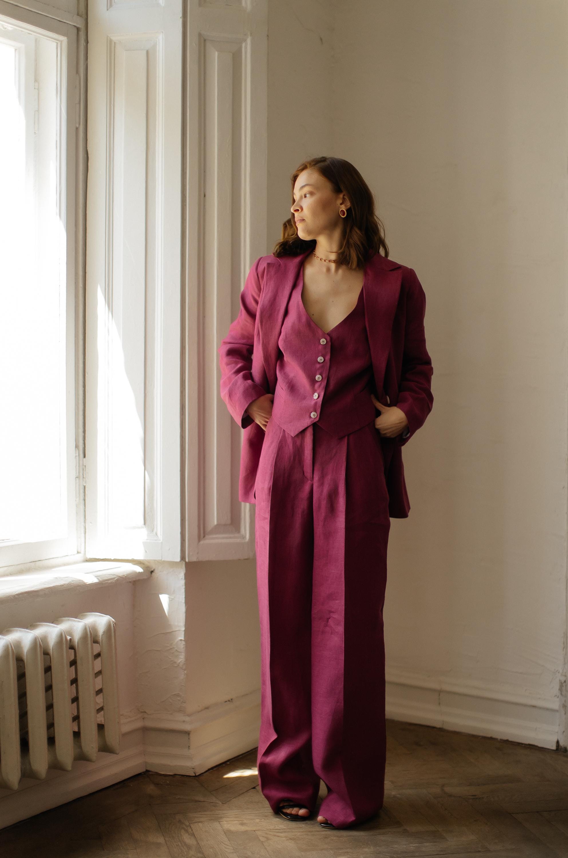 Dark Raspberry Linen 3-piece Matching Suit Straight Jacket, Vest and ...