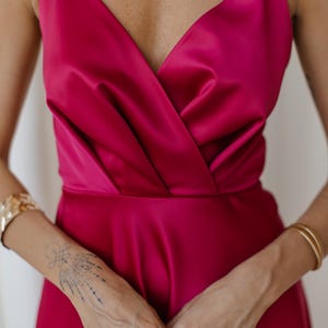 Fuchsia Pink Silk Dress: Strappy Satin Open Back Midi