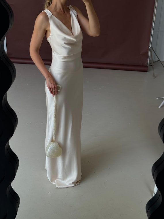 Champagne Silk Maxi Dress: Cowl Neck A-Line Bridesmaid Gown