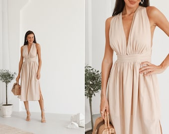 Natural cotton midi sundress. Beige lightweight summer beach dress. Open back basic nightdress.