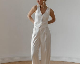 Satin White Bridal Pantsuit. Off White Satin Wedding Suit: Women's 2-Piece Palazzo Pantsuit. Satin Vest Suit. White Waistcoat suit