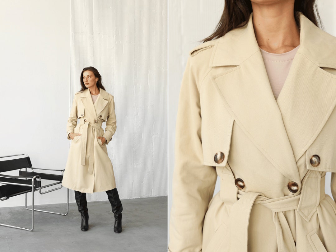 Beige Trench Coat. Women Lapel Neck Double Breasted Belted Cotton Trench Jacket. Spring/fall