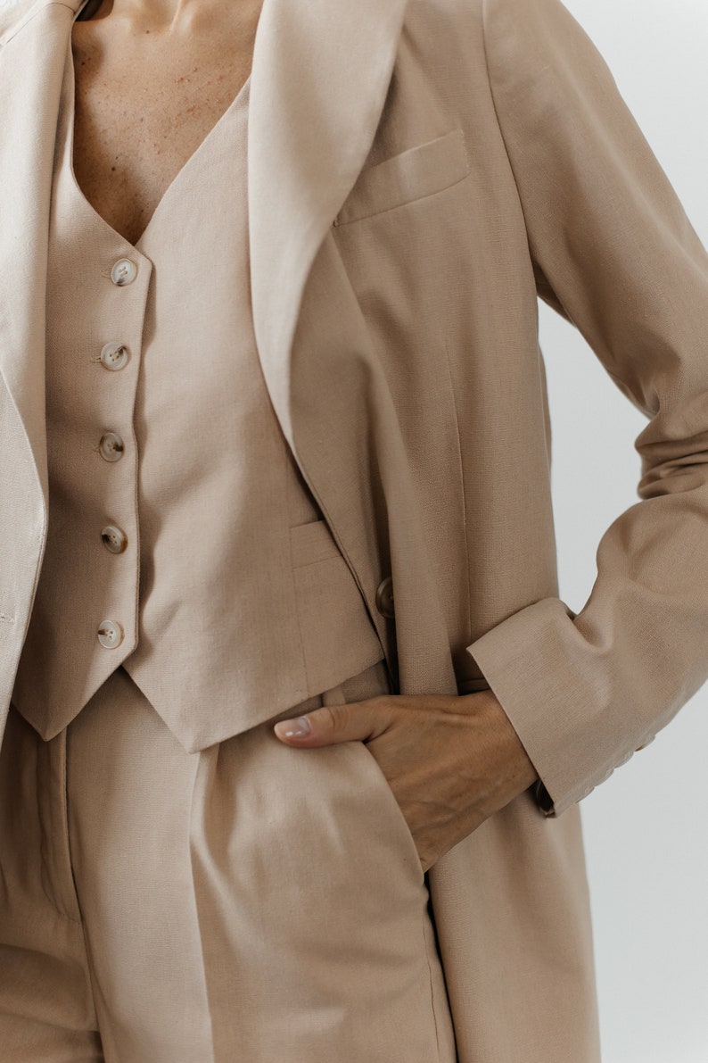 Beige Linen 3-piece matching suit with straight Jacket, Vest and Palazzo Pants. Summer formal pants suit. Women's suit with vest and blazer. image 6