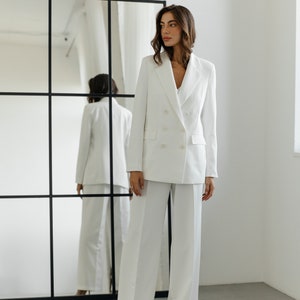 Stunning wedding pantsuit. White bridal women's three piece suit. 3 piece pantsuit. Jacket vest and palazzo trousers matching set. image 6
