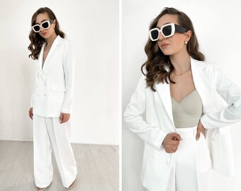 Bridal white pants suit. Wedding white suit blazer and pants. Palazzo pants white suit. Wedding guests white trousers set. Jacket and pants