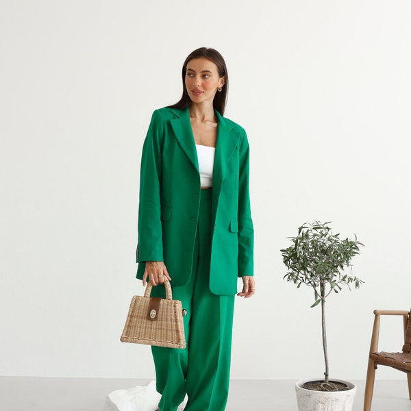 Kelly Green relaxed fit Women blazer and trousers suit. Loose fit straight jacket & palazzo wide-leg pants. linen two-piece suit for summer