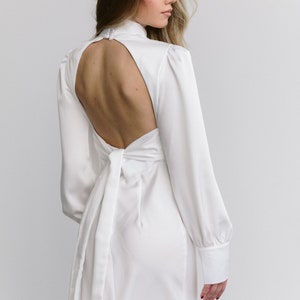 Milky White silk backless dress for event. Silk turtleneck dress with open back midi.Graduation dress. Wedding dress. White backless dress.