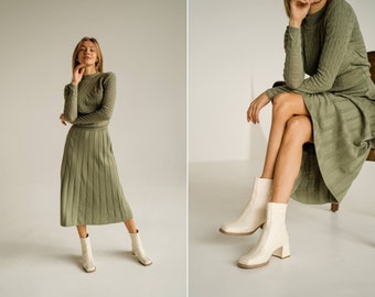 Khaki Cozy formal sweaterdress knit dress. Midi knitted cotton dress. Warm knitted women's wear. Knitted dress with pleated skirt.