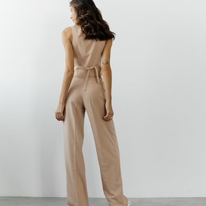 Beige Linen 3-piece matching suit with straight Jacket, Vest and Palazzo Pants. Summer formal pants suit. Women's suit with vest and blazer. image 8