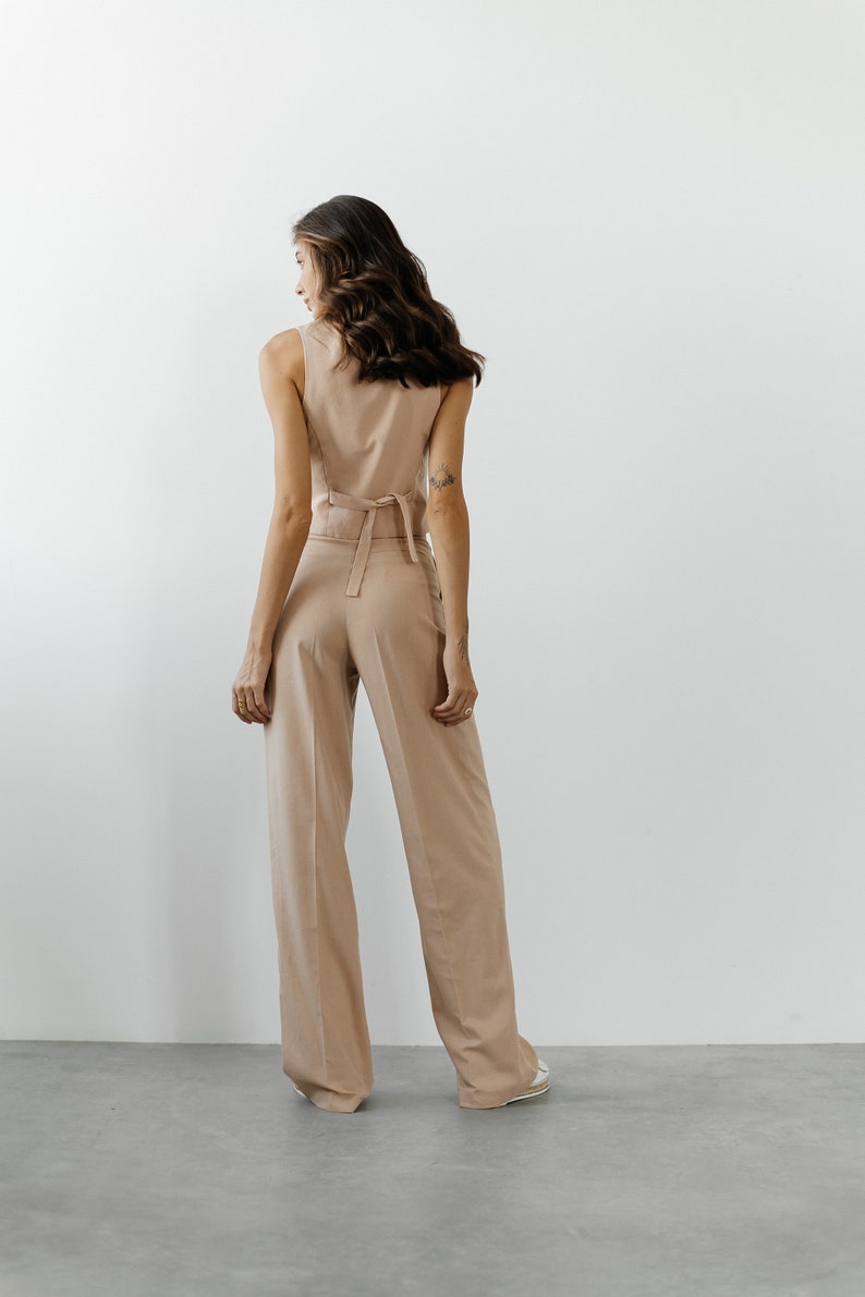 Beige Linen 3-piece matching suit with straight Jacket, Vest and Palazzo Pants. Summer formal pants suit. Women's suit with vest and blazer. image 8