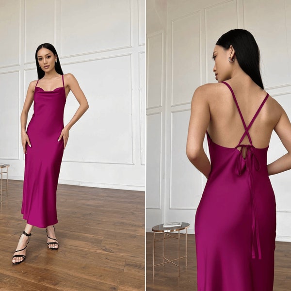 Bohemian backless silk slip dress. Open back midi dress. Fuchsia silk dress for occasion.