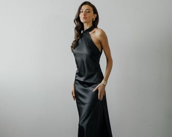Black Silk Backless Dress: Turtleneck Satin Event Gown - Etsy