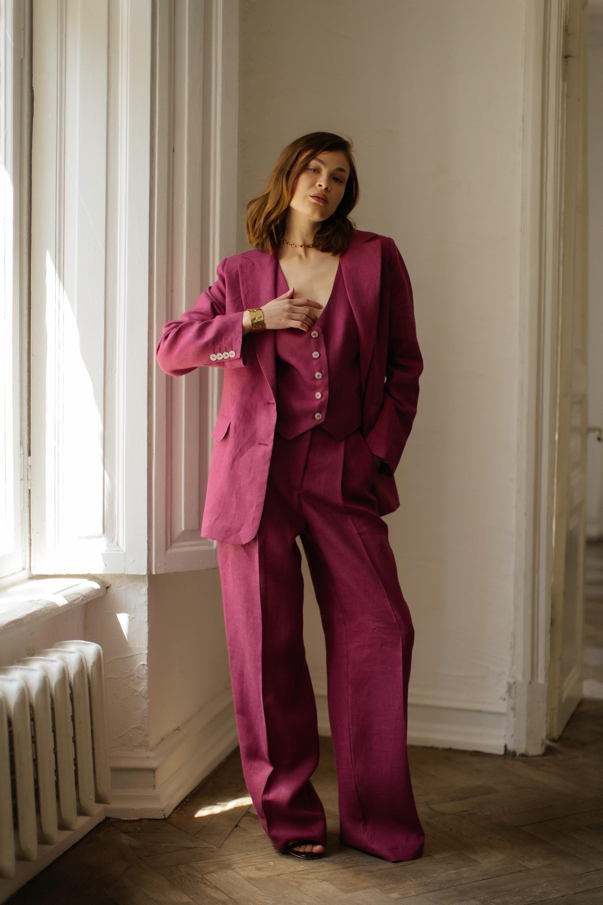 Dark Raspberry Linen 3-piece Matching Suit Straight Jacket, Vest and ...