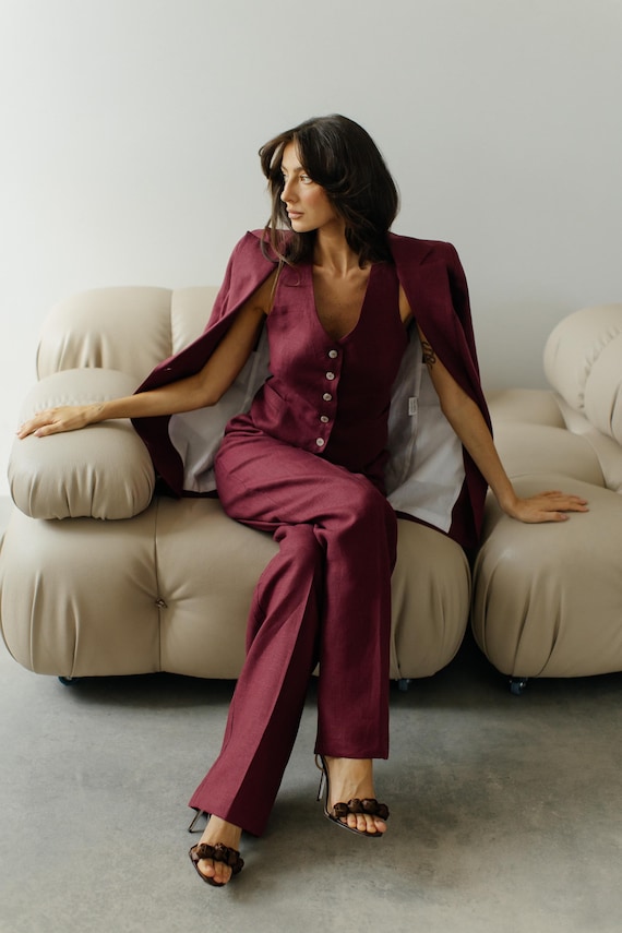 Marsala Wedding Guest Suit. Bridesmaid's Pantsuit. Ladies Pantsuit.Marsala Linen Suit: 3-Piece Wine Red Pantsuit - Wedding Guest Outfit