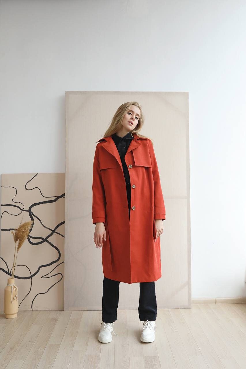Women Long Trench Coat in Terracotta Color. Belted Trench