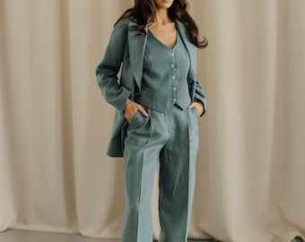 Patina Blue Linen Pantsuit: 3-Piece Wedding Guest Outfit