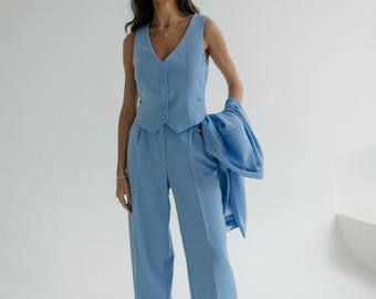 Light Blue Vest.Classic women&#39;s vest. Sky Blue women&#39;s vest. Blue vest from pantsuit. Women&#39;s top. Sky Blue vest top for women.