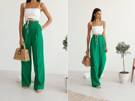 Kelly green wide leg pants cheap