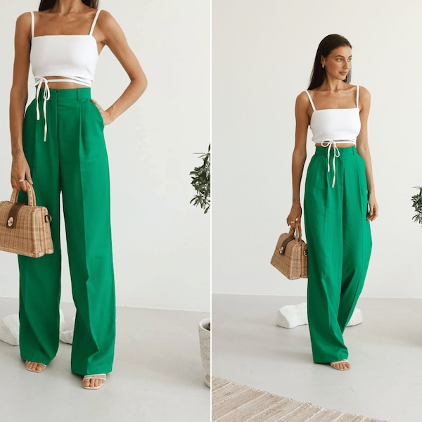 Linen kelly green pants. Palazzo pants. Summer linen wide leg pants