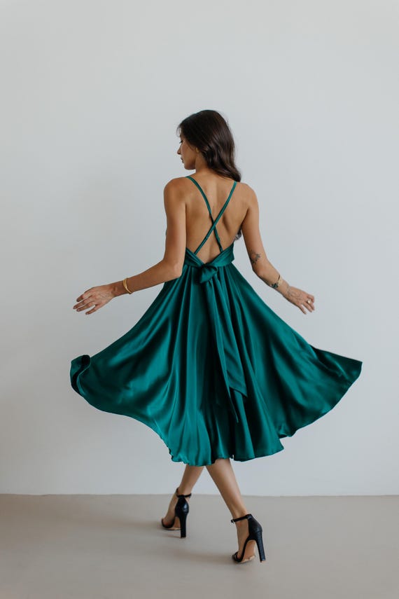 princess polly baby blue dress Emerald Green Silk Bridesmaid Dress: Backless Flared Satin Gown