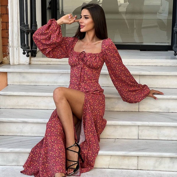 Women's wedding guest maxi dress. Wine red floral square neck dress with long sleeves and side slit. event dress with puff sleeves