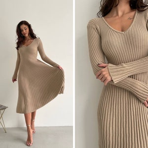 V-neck midi beige formal sweaterdress knit dress. Midi knitted cotton dress. Warm knitted women's wear. Knitted dress A-line.