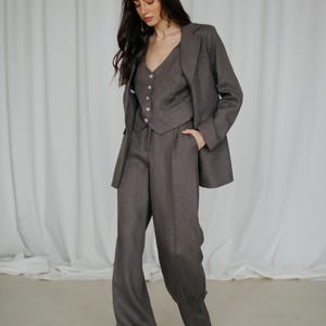 Brown Chocolate Linen 3-piece matching suit straight. Wedding guest's linen suit. Summer pants suit.Women's suit with vest and blazer.