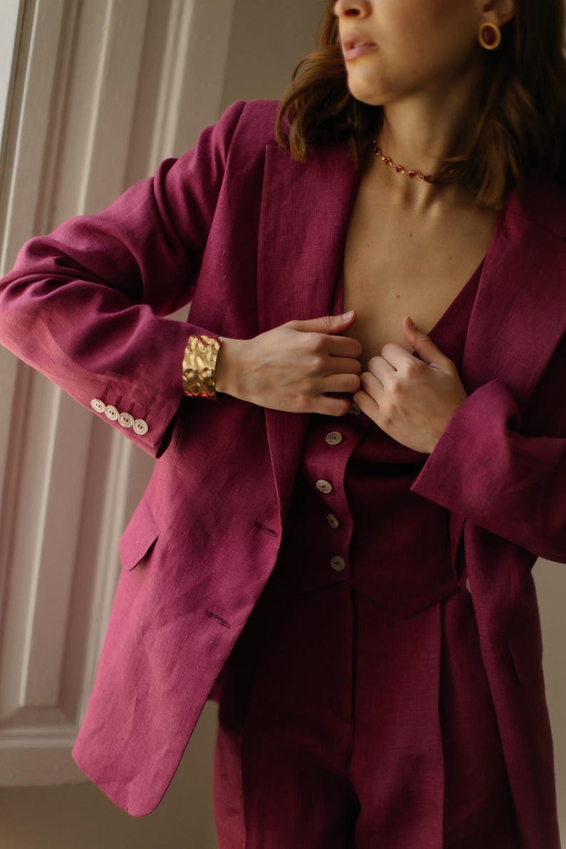 Dark Raspberry Linen 3-piece Matching Suit Straight Jacket, Vest and ...