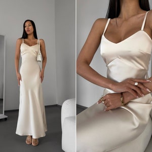 Womens Stunning silk slip dress in ivory champane color. Satin slip dress for events. Briedsmaids white silk dress.