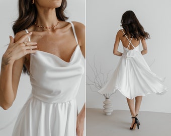 White Silk Backless Dress: Circle Skirt, Bow - Wedding Guest