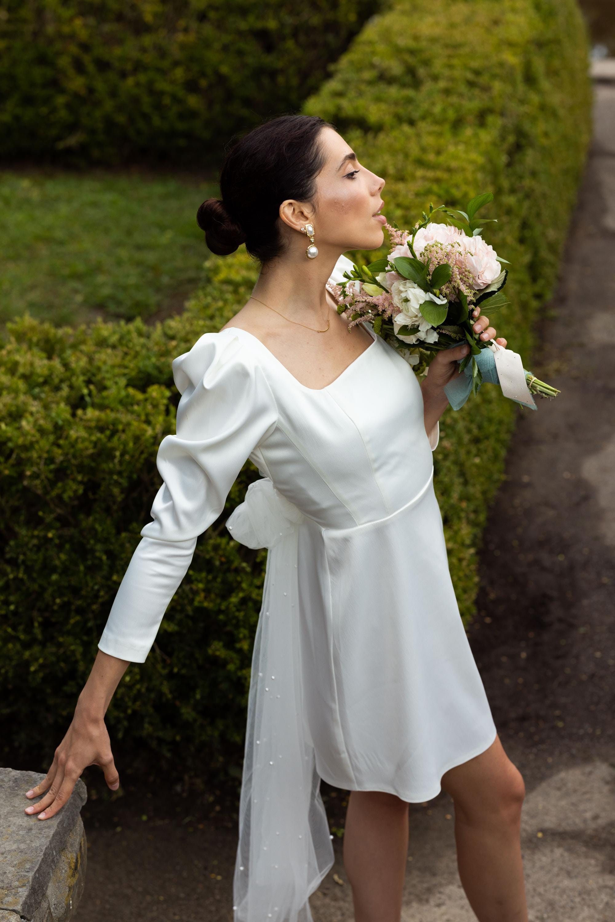 Limited Collection Bridal white mini dress EVA.Getting ready outfit.White bridal dress with bow. Pearls dress.Mini satin dress