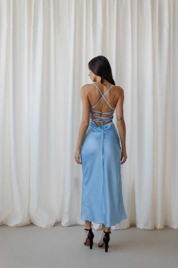 Sky Blue Satin Backless Silk Slip Dress for Occasion. A-line Satin Dress  Cowl Neck Criss Cross Open Back. Strappy Silk Dress. - Etsy
