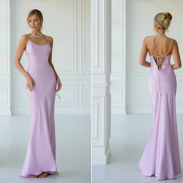 Gorgeous lavender silk slip maxi dress. Floor silk dress with open back. Lace -up backless dress with spaghetti straps. V-nack silk dress.