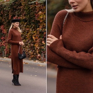 Brown chocolate women's winter dress. Sweater dress straight fit with turtleneck. Maxi long winter dress.  Girl's Warm autumn dress.