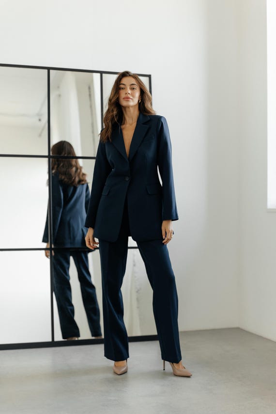 dark navy blue women's dress pants Pantsuit: Fitted Blazer, Vest & Palazzo Trousers black dress shoe womens three Avery Long Sleeve Maxi Shirt Size:12Y PREORDER (ships in Oct)