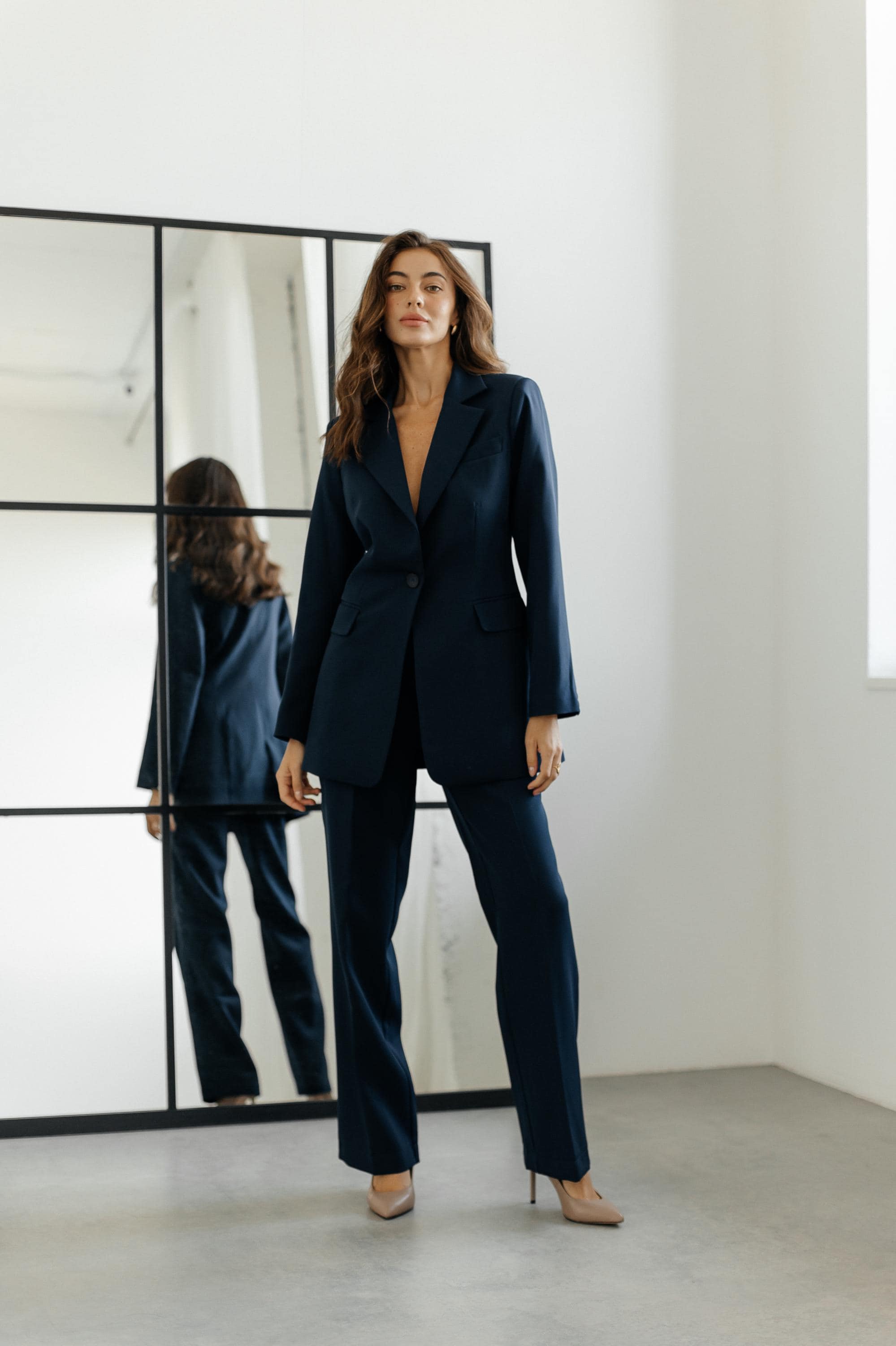 Navy Blue Women's Pantsuit: Fitted Blazer, Vest & Palazzo Trousers
