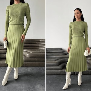 Warm girls sweaterdress for winter autumn. Formal office cozy dress. A-line knitted dress with pleated skirt.Olive khaki classic dress.