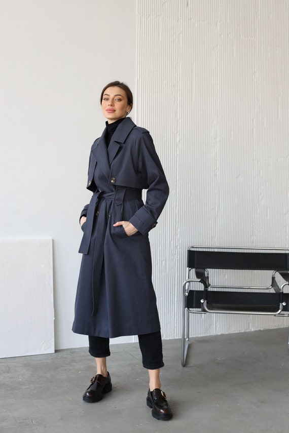 Handmade Cotton Trench Coat: Dark Gray Belted Duster Handmade Cotton Trench Coat: Dark Gray Belted Duster