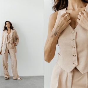 Beige Linen 3-piece matching suit with straight Jacket, Vest and Palazzo Pants. Summer formal pants suit. Women's suit with vest and blazer. image 1