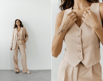 Beige Linen 3-piece matching suit with straight Jacket, Vest and Palazzo Pants. Summer formal pants suit. Women&#39;s suit with vest and blazer.