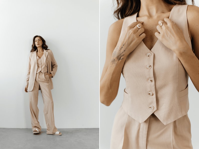 Beige Linen 3-piece matching suit with straight Jacket, Vest and Palazzo Pants. Summer formal pants suit. Women's suit with vest and blazer. image 1