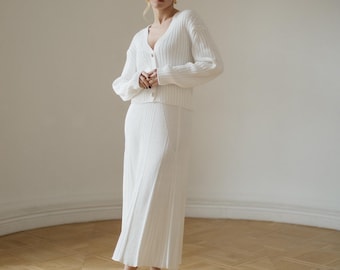 White Knitted Skirt Suit: Cotton Blend V-Neck Sweater & Pleated Maxi Skirt